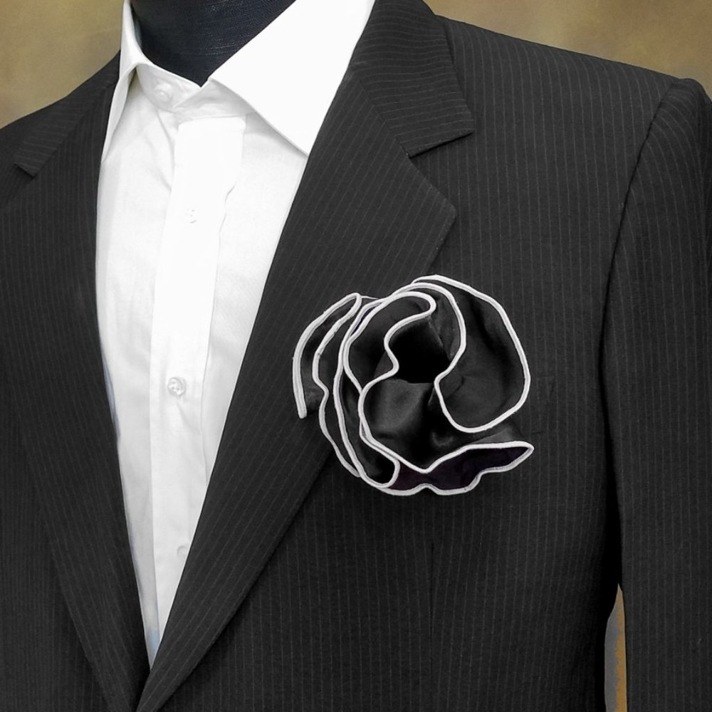 NEW Men's Black Satin 2-in-1 Pouf Round Pocket Square with White Trim